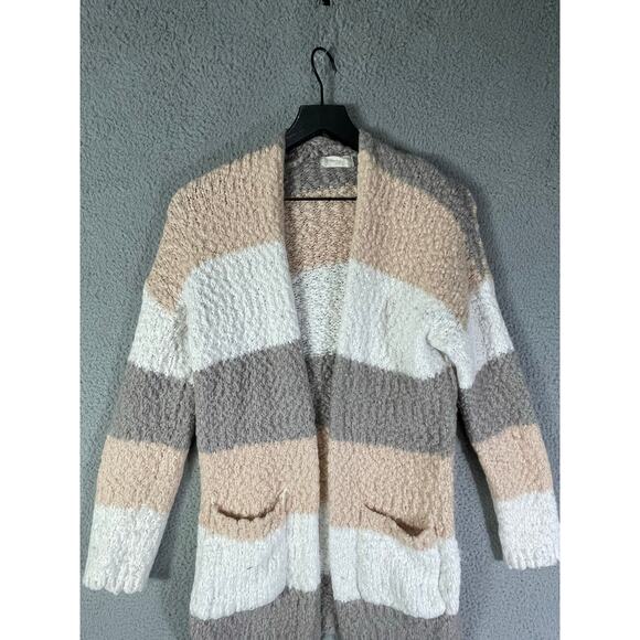 Altar'd‎ State S/M Striped Open Front Cardigan Sweater Tan Gray White Cozy - Picture 6 of 7